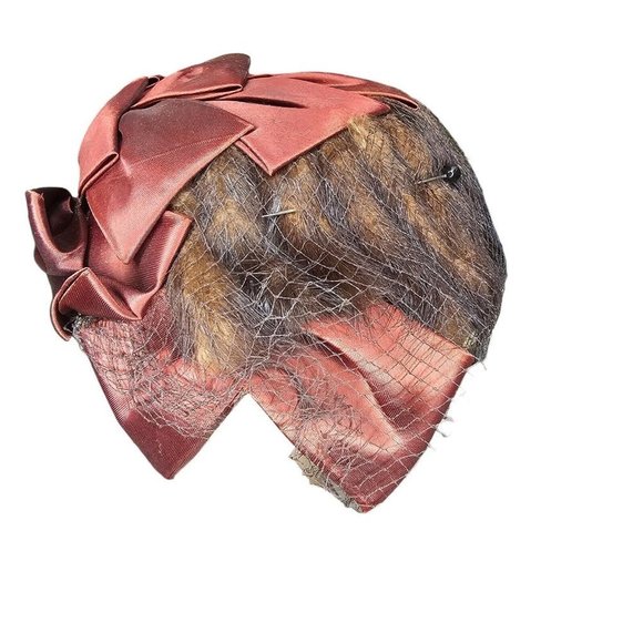 1950s Small Hat Brown Fur Fabric Bow Netting Rust Orange Organza Housewife - Picture 8 of 11